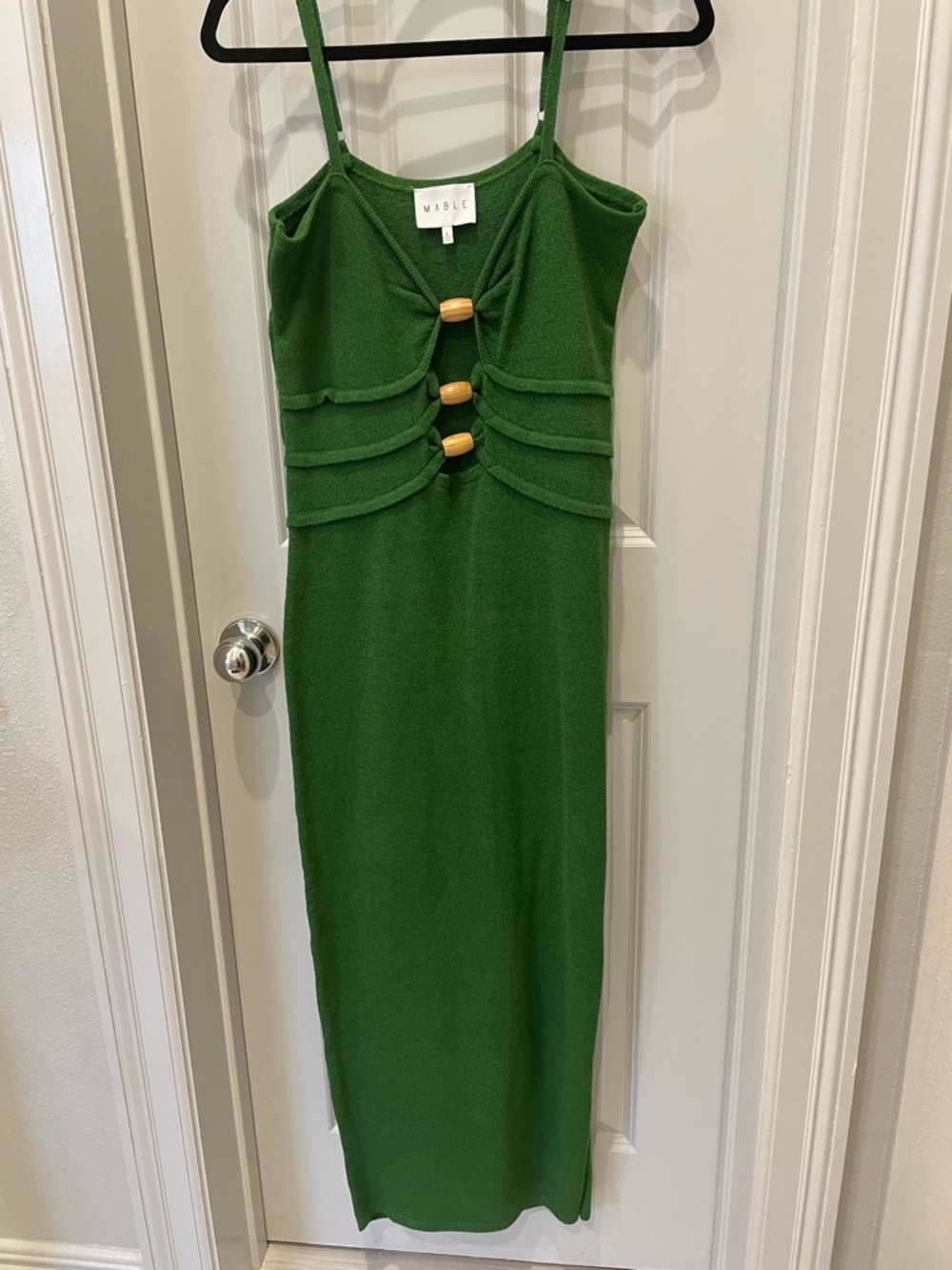 MARBLE Green Spaghetti-Strap Midi Dress with Wooden Button Cutouts